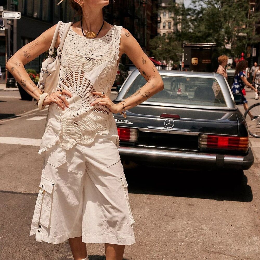 Free People Alias Crochet Tank Top Sheer Lace Longline Cotton White L 290999